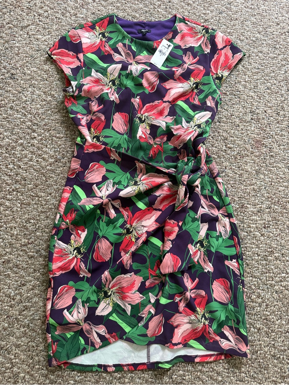 Express Purple Floral Sheath Dress with Pink and Green Accents